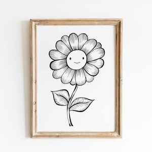 Happy Flower Fine Art Print - Floral Giclée, Cute Quirky Botanical Poster, Smiley Face, Ink Illustration, Girls Room Décor, Sunflower Daisy