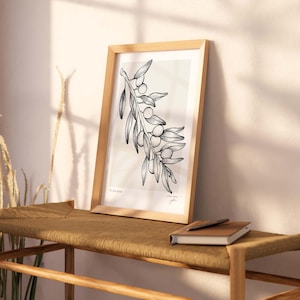 Olive Branch Art Print, Black Ink Botanical Line Drawing, Minimalist Plant Illustration, Kitchen & Dining Wall Decor, Mediterranean Style