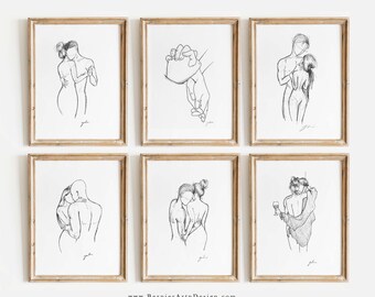 Romantic Couples Art Prints Bundle of 6, Romance Silhouettes Hugs Kisses XO, Set of Six Valentines Artwork, Valentine Gallery Wall, Love Art