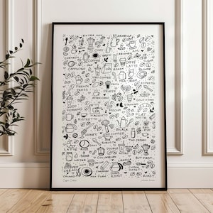 Coffee Collage Art Print | Black Ink Line Drawing, Coffee Cup & Latte Illustration, Café Kitchen Wall Decor, Barista Art, Coffee Lovers Gift