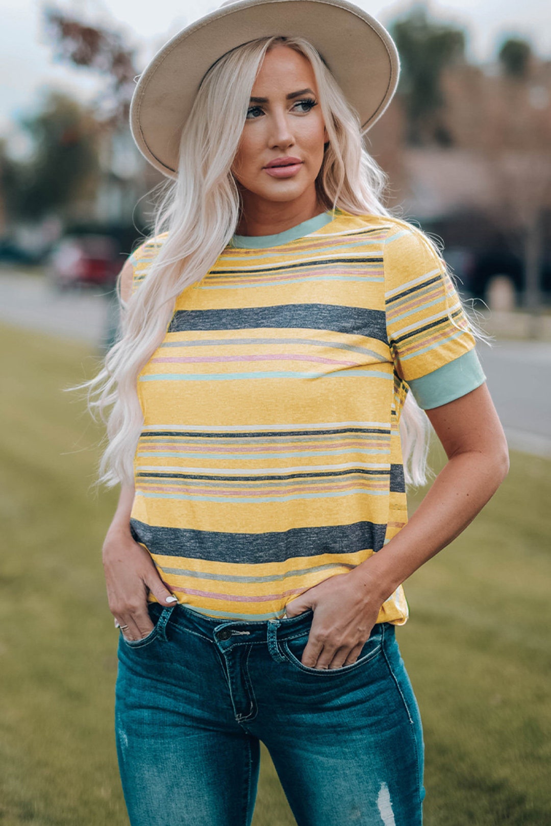 yellow and gray striped shirt