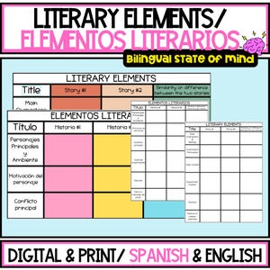 May include: A bilingual educational chart with the title "Literary Elements" in English and Spanish. The chart includes tables for comparing stories, with sections for title, characters, and theme. The design is colorful, with pink, orange, and blue accents.