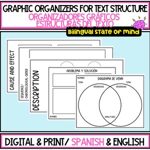 Puede incluir: Un conjunto de organizadores gráficos para la estructura del texto, incluyendo causa y efecto, secuencia y un diagrama de Venn. Los organizadores están en inglés y español, con el texto "Bilingual state of mind" y "Digital & Print/ Spanish & English".