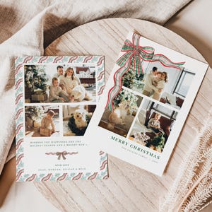 Christmas Plaid Bow Photo Holiday Card Template for Multiple Photos Two-Sided Green & Red Family Photo Christmas Card | CLARENCE Collection