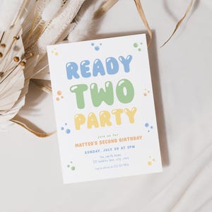 Boy 2nd Birthday Invitation Template Ready Two Party Colorful Bubble Balloon Letters Boy Second Birthday Invite Digital | QUINCY Collection
