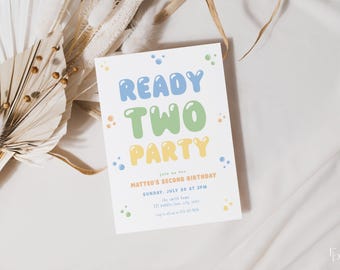 May include: A colorful invitation card with the text "Ready Two Party" in bubble letters. The invitation is for Matteo's second birthday party on Sunday, July 20th at 2 PM. The invitation includes the address and RSVP information.