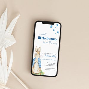 May include: A blue and white baby shower invitation with a watercolor illustration of Peter Rabbit. The invitation reads "a sweet little bunny is on the way".