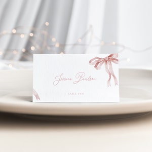 Dusty Pink Bow Place Card Template for Dusty Rose Ribbon Bridal Shower Name Card or Buffet Card | THEODORA Collection