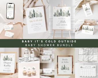 Puede incluir: Un conjunto de papelería para baby shower con un tema de bosque invernal. Incluye invitaciones, letreros, tarjetas de agradecimiento y un letrero de rifa de pañales. Se muestra el texto "Baby It's Cold Outside".
