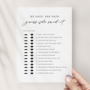 Modern Minimalist He Said She Said Bridal Shower Game Instant Download | LYDIA Collection
