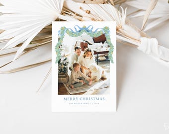 Christmas Garland Photo Holiday Card Template for Blue & Green Family Photo Christmas Card | ASENA Collection