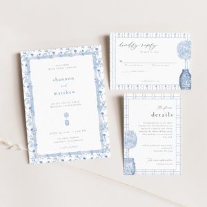 Coastal Grandmother Wedding Invitation Suite Template with Printable 5x7 Invite, RSVP Card & Details Card | DORIA Collection