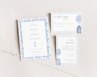 Coastal Grandmother Wedding Invitation Suite Template with Printable 5x7 Invite, RSVP Card & Details Card | DORIA Collection