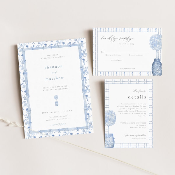 Coastal Grandmother Wedding Invitation Suite Template with Printable 5x7 Invite, RSVP Card & Details Card | DORIA Collection
