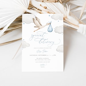 Blue Stork Baby Shower Invitation Template for Boy Special Delivery Baby Stork Baby Shower Invite | OZURU Collection