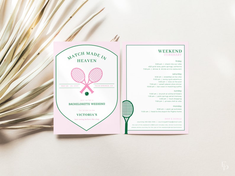 Perfect Match Tennis Bachelorette Weekend Invite and Itinerary Template MARTINA Collection image 4