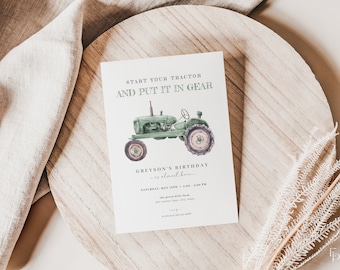 Tractor Birthday Invitation Template for Boy's Green Tractor Birthday Party | LELAND Collection