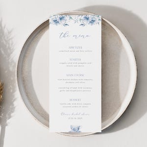 Blue Chinoiserie Bridal Tea Bridal Shower Menu Template for Blue Florals and Tea Party 4x9 Menu | CAMELLIA Collection