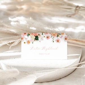 Colorful Floral Place Card Template for Pink and Peach Bridal Shower Name Card or Buffet Card | ABRIANA Collection