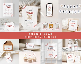 Rookie Year Birthday Bundle Template Editable Boy 1st Birthday Sports Baseball First Birthday Invitation Bundle Download | ROGERS Collection