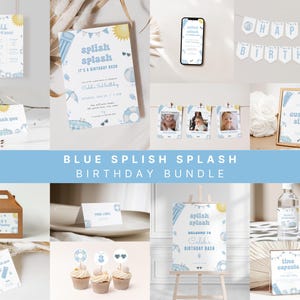 Peut inclure: Décorations de fête imprimables bleues et jaunes pour une fête d'anniversaire sur le thème du splish splash. L'ensemble comprend une pancarte de bienvenue, des invitations, des cartes de remerciement, des étiquettes pour bouteilles d'eau, des étiquettes de faveur, des décorations de cupcakes et une capsule temporelle.