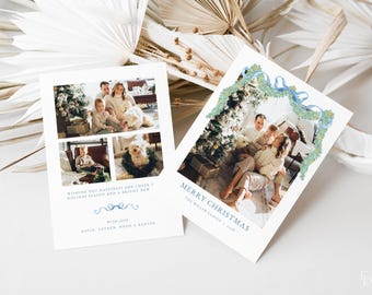 Christmas Garland Photo Holiday Card Template for Two-Sided Blue & Green Family Photo Christmas Card | ASENA Collection