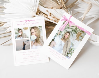 Coquette Bow Graduation Announcement Card Template for Girl Pink Ribbon Multiple Photo Graduation Party Invite | DARINA Collection