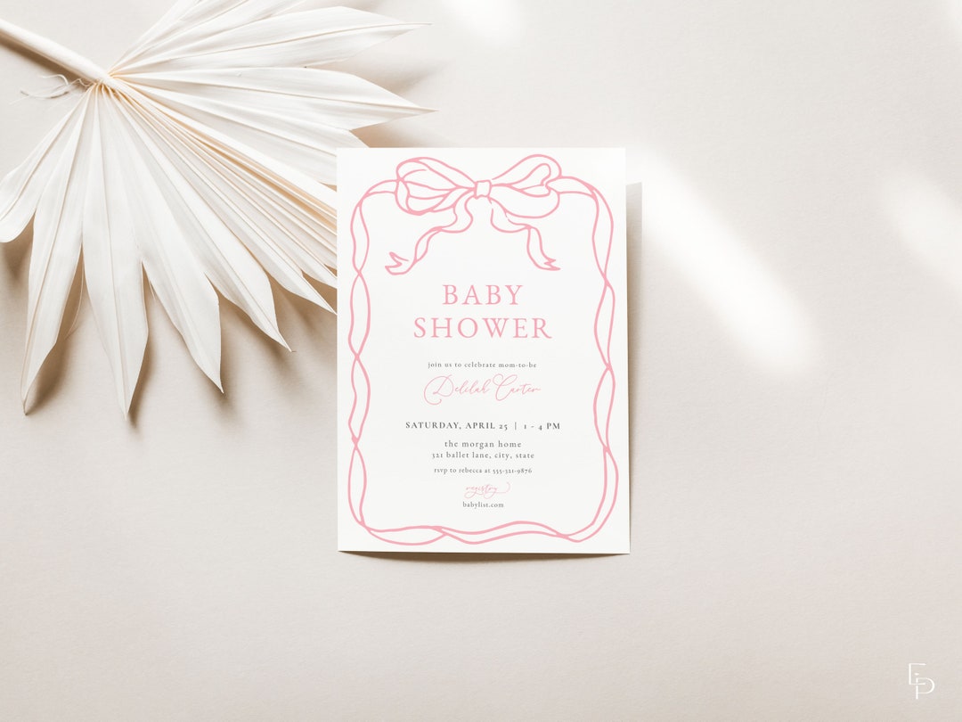 Pink Bow Baby Shower Invitation Template for Classic Hand Drawn Ribbon ...