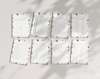May include: A set of printable baby shower games with floral and animal illustrations. The games include "Baby Bingo", "Guess the Price is Right", "Baby Word Scramble", "Who Knows Mommy Best", "Baby Guessing Game", and "Baby Shower Mad Libs".