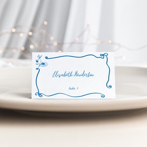 Whimsical Hand Drawn Blue Place Card Template with Meal Icons for Illustrated Wedding | AVENLEE Collection