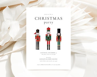May include: A Christmas party invitation with a festive design featuring three nutcracker figurines. The invitation includes the date, time, and host information. Join us for a Christmas party.