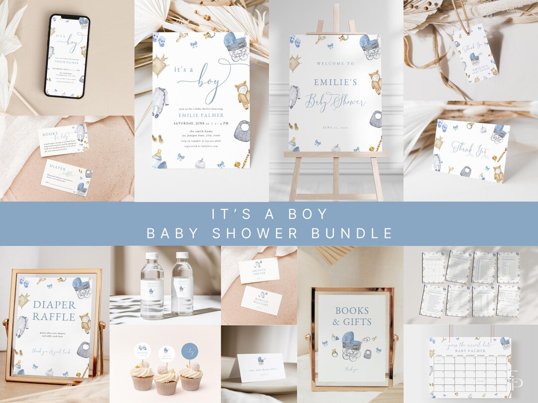 Blue It's a Boy Baby Shower Invitation Bundle Template Editable Classic ...