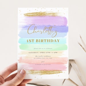 Pastel Rainbow Birthday Invitation Template for Gold & Pastel Girl 1st Birthday Party Invite | AMITOLA Collection