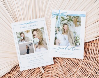 Coquette Graduation Announcement Card Template for Blue Bow Multiple Photo Graduation Party Invite | DARINA Collection