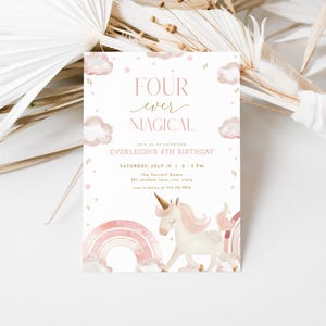 Unicorn 4th Birthday Invitation Template for Girl Pink Four Ever Magical Rainbow Sparkles Unicorn Fourth Birthday Invite | TAMIRA Collection