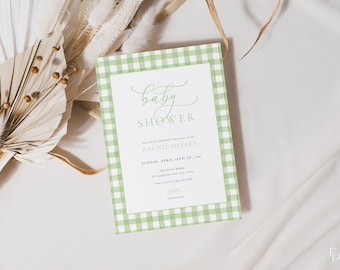 Green Gingham Baby Shower Invitation Template for Classic Gender Neutral Baby Shower Invite | PRESTON Collection