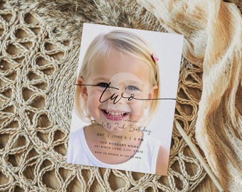 2nd Birthday Invitation Template with Photo for Boy or Girl Simple Modern Two Minimalist Second Birthday Invite Editable | ELLIS Collection