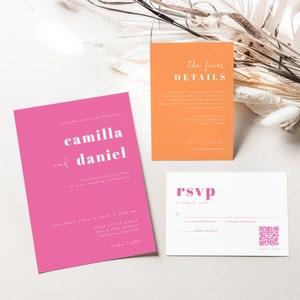 Retro Pink and Orange Wedding Invitation Suite Template with Printable 5x7 Invite, QR Code RSVP Card & Details Card FARRAH Collection image 3