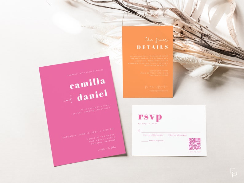 Retro Pink and Orange Wedding Invitation Suite Template with Printable 5x7 Invite, QR Code RSVP Card & Details Card FARRAH Collection image 3