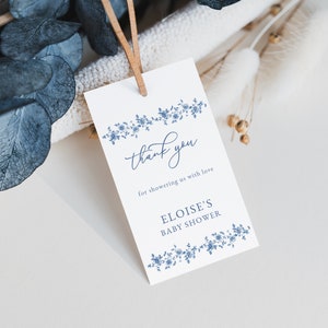 Blue Chinoiserie Baby Shower Favor Tag Template for Boy Classic Blue Toile Baby Shower Tags | AZORA Collection