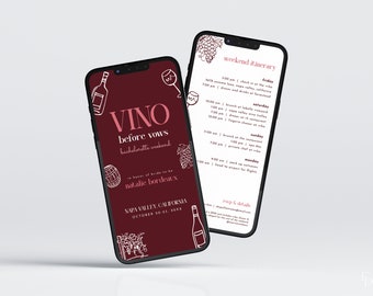 Puede incluir: Una pantalla de teléfono color burdeos con texto blanco que dice "VINO before vows bachelorette weekend in honor of bride-to-be Natalie Bordeaux Napa Valley, California October 20-23, 20XX". La pantalla tiene una botella de vino blanco, una copa de vino y uvas dibujadas en ella.