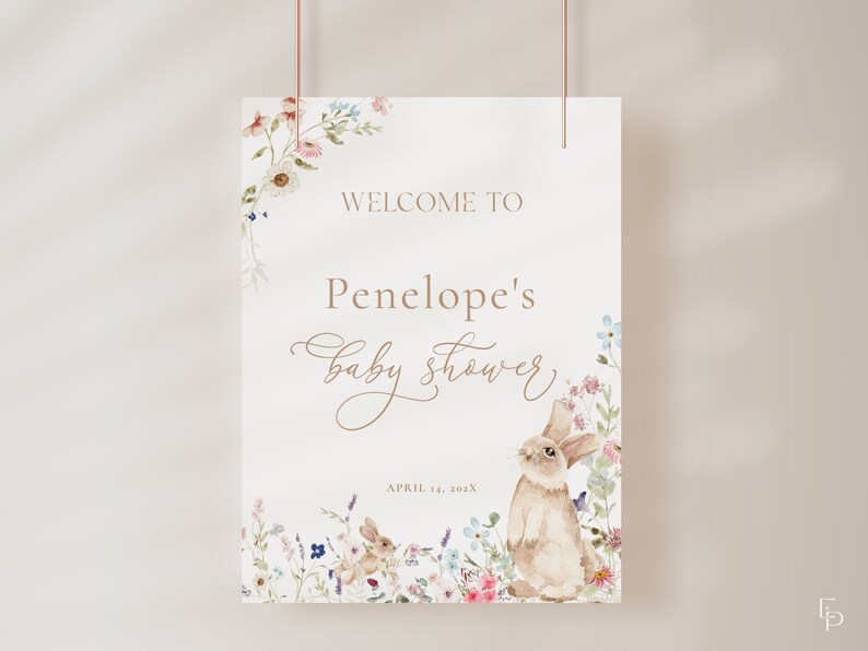 Penelope Rabbit Sign Bunny Baby Shower Welcome Sign Template Editable Easter Spring Bunny ...