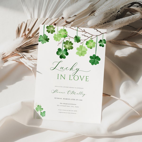 Lucky in Love Bridal Shower Invitation Template for St. Patrick's Irish Shamrock Bridal Shower Invite | TAWNIA Collection