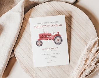 Tractor Birthday Invitation Template for Editable Farm Boy Red Tractor Birthday Party Invite Digital Download | LELAND Collection