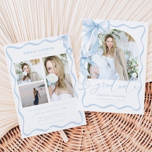 Blue Bow Graduation Announcement Card Template for Girl Blue Coquette Multiple Photo Graduation Party Invite | SONDOS Collection