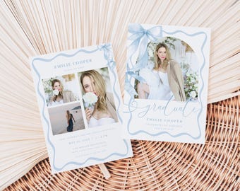 Blue Bow Graduation Announcement Card Template for Girl Blue Coquette Multiple Photo Graduation Party Invite | SONDOS Collection