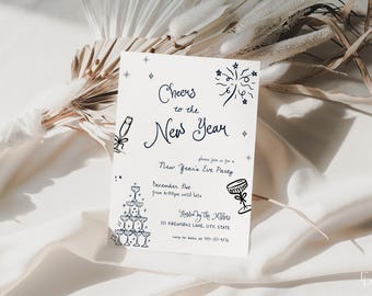 Whimsical New Years Eve Party Invitation Template for Navy Hand Drawn Cheers to the New Year Cocktail Party Invite | DAGNY Collection