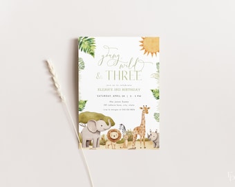 Young Wild and Three Birthday Invitation Template for Boy Safari Animals Safari Third Birthday Invite | DAKARI Collection