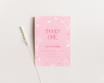 Spooky One Birthday Invitation Template for Pink First Birthday Halloween Doodles Girl 1st Birthday Invite | AMBROSE Collection