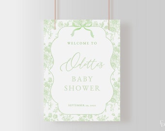 Green Toile De Jouy Baby Shower Welcome Sign Template for Vintage Bow Chinoiserie Baby Shower Poster | ADALINE Collection